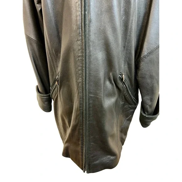 Vintage Y2K LIZ CLAIBORNE Black Leather Car Coat Jacket Zip Sz M Minimalist Goth - Picture 12 of 16